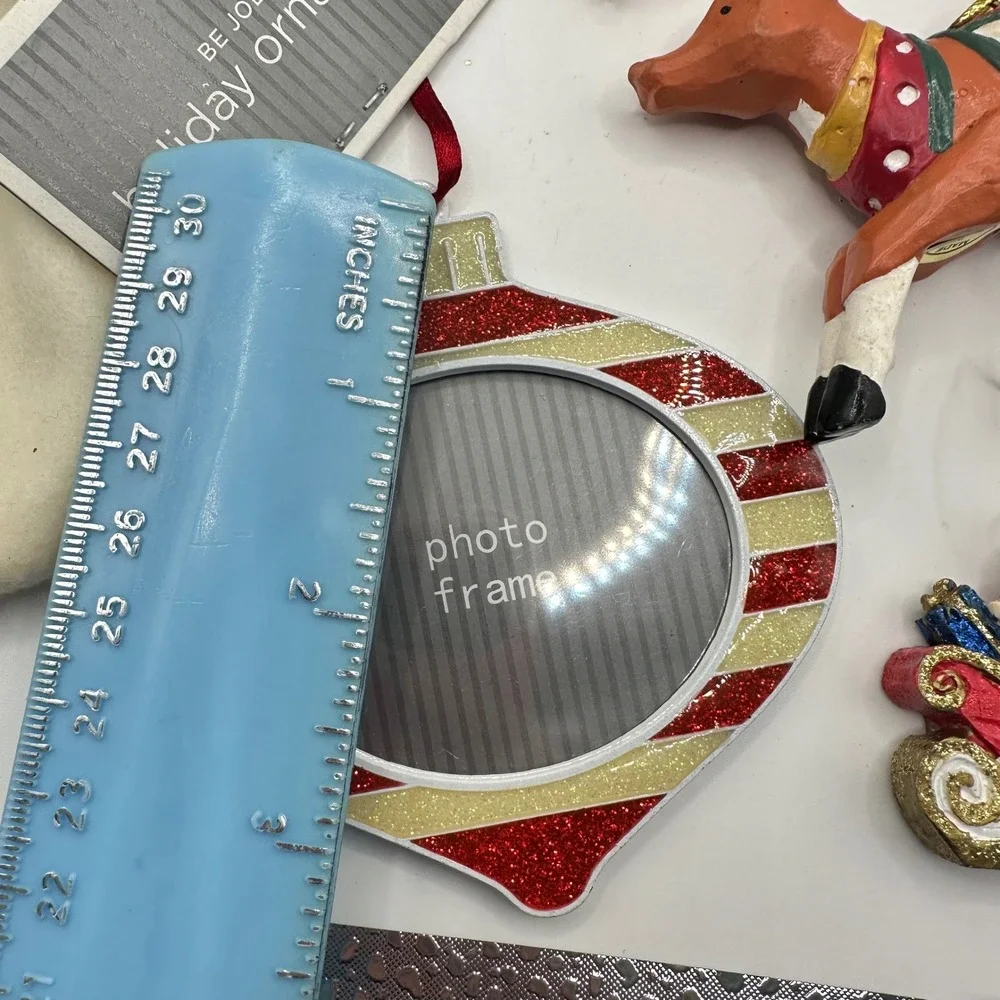 VTG 90s Christmas Ornament Lot 7 pc Snowman Cardinal Reindeer Tree Photo Frame